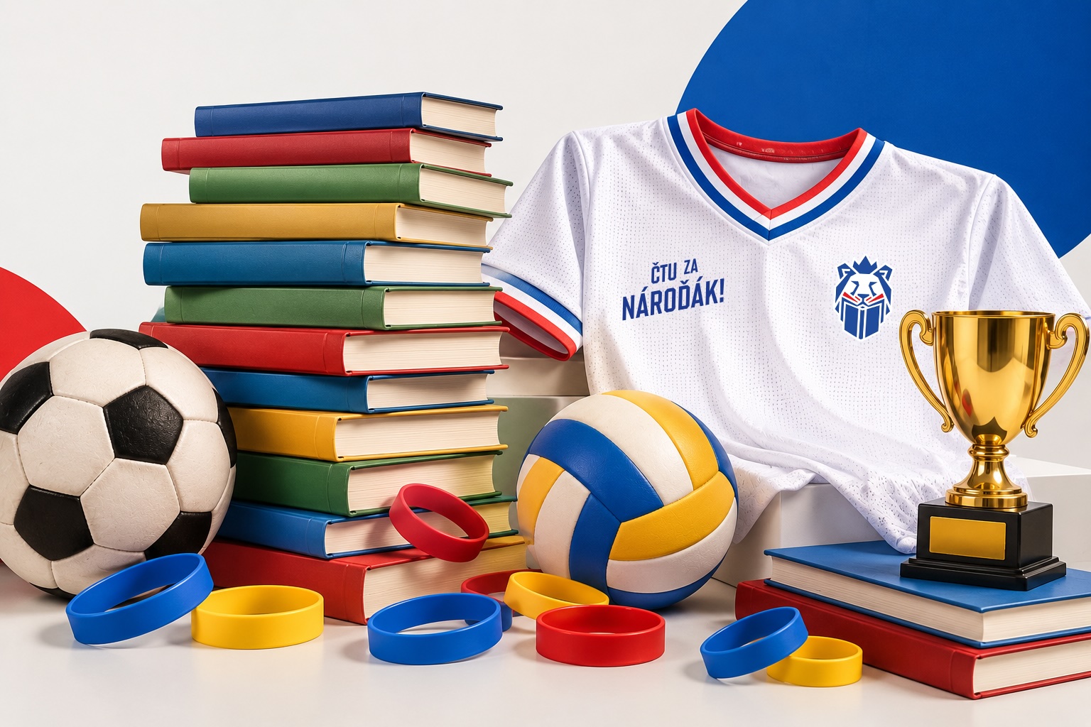 Ukázka výher: pohár, knihy, dres a sportovní vybavení